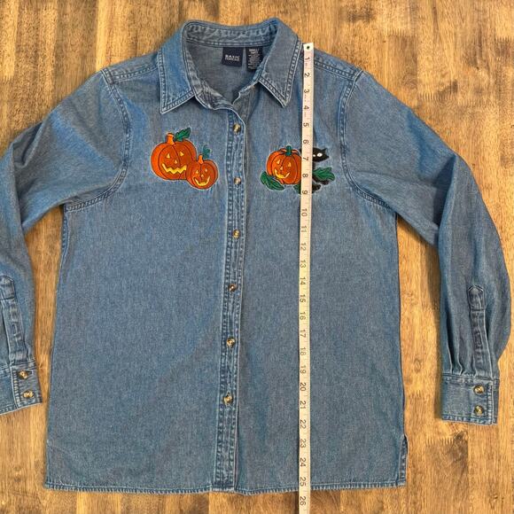 Halloween VTG Denim Shirt Jack-O-Lanterns Black Cat Embroidered Unisex Small - Picture 8 of 10
